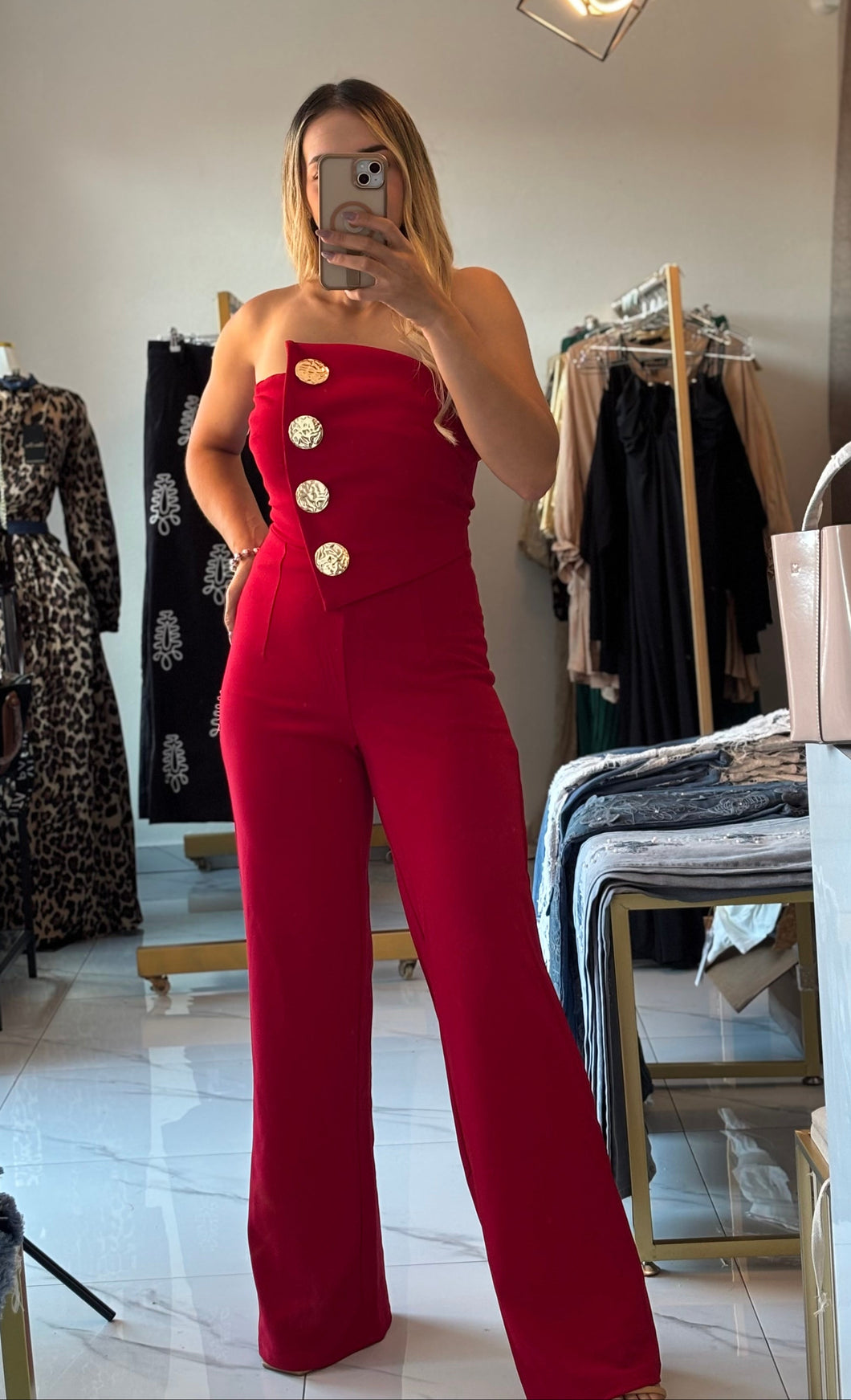 Off Shoulder Stone Jumpsuit red